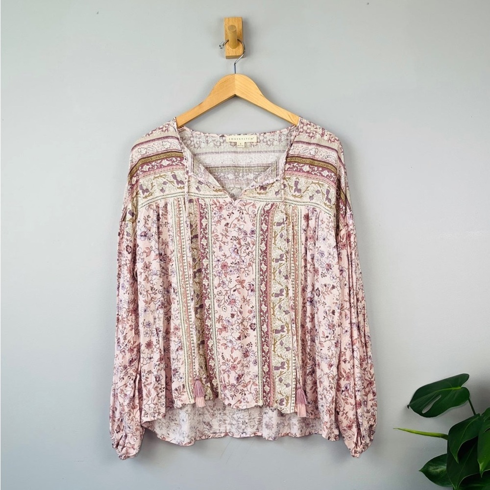 Love Stitch Floral Long Sleeve Blouse With Tassels Size Small